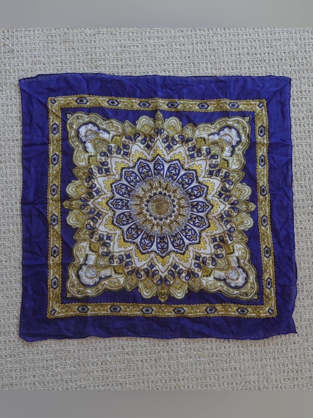 Vintage Italian style blue and gold baroque silk scarf